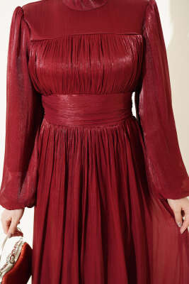 Balon Kol Beli Drapeli Abiye Elbise Bordo - Elbise