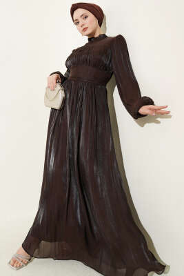 Balon Kol Beli Drapeli Abiye Elbise Kahve - BERAT TEKSTİL