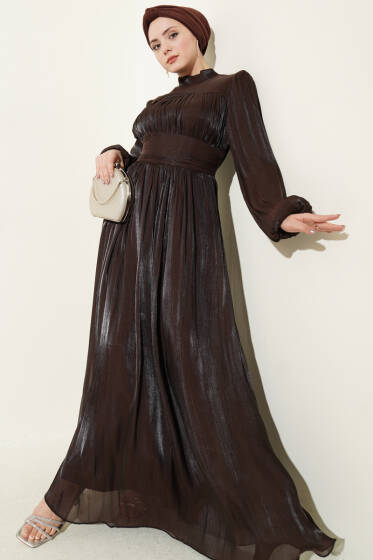 Balon Kol Beli Drapeli Abiye Elbise Kahve - Elbise