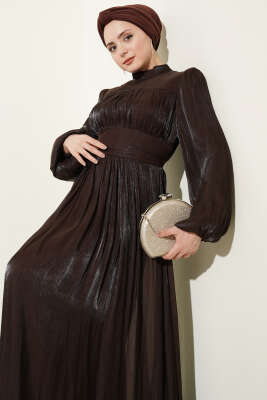 Balon Kol Beli Drapeli Abiye Elbise Kahve - Elbise