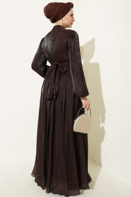 Balon Kol Beli Drapeli Abiye Elbise Kahve - Elbise