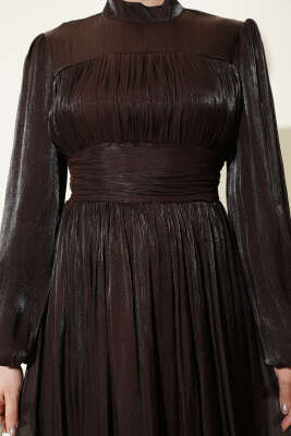 Balon Kol Beli Drapeli Abiye Elbise Kahve - Elbise