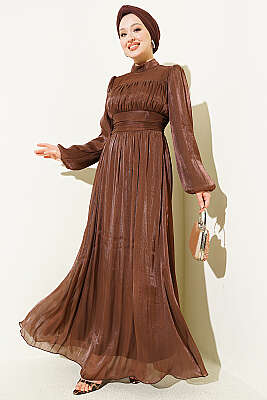 Balon Kol Beli Drapeli Abiye Elbise Kahve 