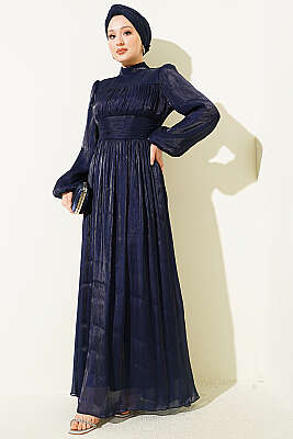 Balon Kol Beli Drapeli Abiye Elbise Lacivert - BERAT TEKSTİL