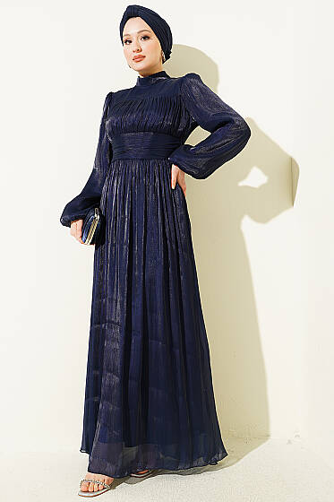 Balon Kol Beli Drapeli Abiye Elbise Lacivert - Elbise