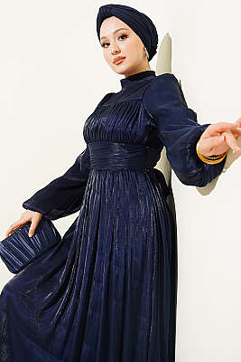 Balon Kol Beli Drapeli Abiye Elbise Lacivert - Elbise