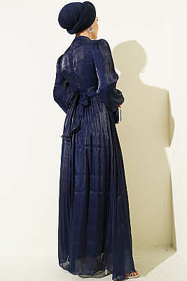 Balon Kol Beli Drapeli Abiye Elbise Lacivert - Elbise