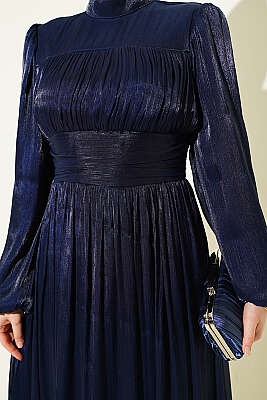 Balon Kol Beli Drapeli Abiye Elbise Lacivert - Elbise