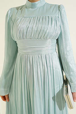 Balon Kol Beli Drapeli Abiye Elbise Mint - Abiye Elbise