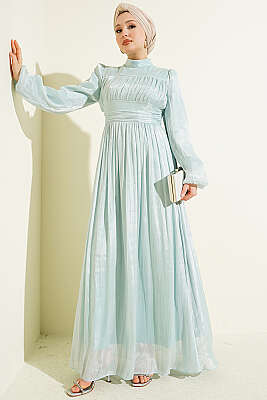 Balon Kol Beli Drapeli Abiye Elbise Mint - BERAT TEKSTİL