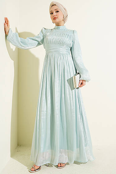 Balon Kol Beli Drapeli Abiye Elbise Mint - Elbise