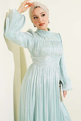 Balon Kol Beli Drapeli Abiye Elbise Mint - Elbise