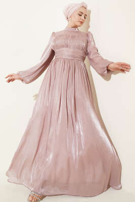 Balon Kol Beli Drapeli Abiye Elbise Pudra 
