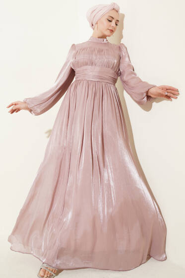 Balon Kol Beli Drapeli Abiye Elbise Pudra - Elbise