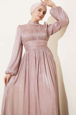 Balon Kol Beli Drapeli Abiye Elbise Pudra - Elbise
