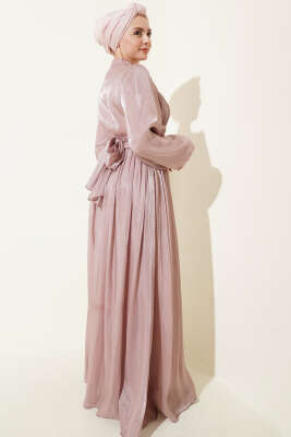 Balon Kol Beli Drapeli Abiye Elbise Pudra - Elbise