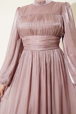 Balon Kol Beli Drapeli Abiye Elbise Pudra - Elbise