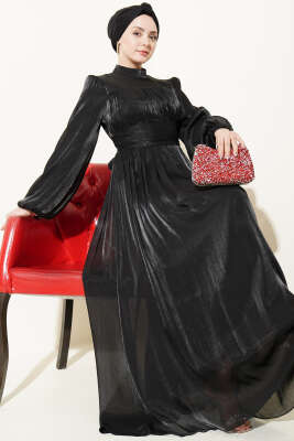 Balon Kol Beli Drapeli Abiye Elbise Siyah 