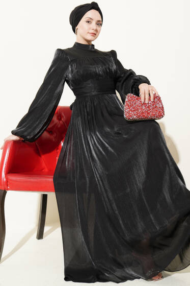 Balon Kol Beli Drapeli Abiye Elbise Siyah - Elbise