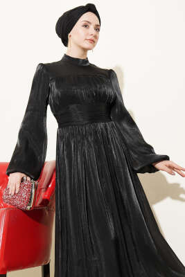 Balon Kol Beli Drapeli Abiye Elbise Siyah - Elbise