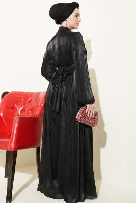 Balon Kol Beli Drapeli Abiye Elbise Siyah - Elbise