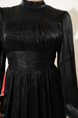 Balon Kol Beli Drapeli Abiye Elbise Siyah - Elbise