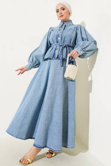 Balon Kol Bluzlu Etekli Kot İkili Takım Kot Mavisi - İkili Takım