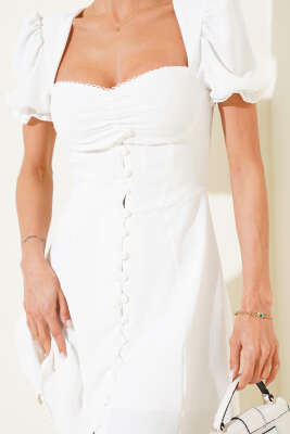 Balon Kol Boydan Düğmeli Mini Elbise Ekru - Kadın Giyim Modelleri