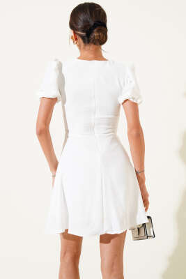 Balon Kol Boydan Düğmeli Mini Elbise Ekru - Kadın Giyim Modelleri