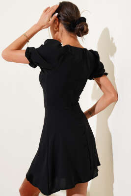 Balon Kol Boydan Düğmeli Mini Elbise Siyah - Kadın Giyim Modelleri