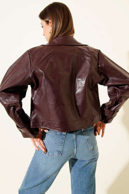 Balon Kol Çapraz Fermuar Kısa Deri Ceket Mürdüm - Kadın Giyim Modelleri