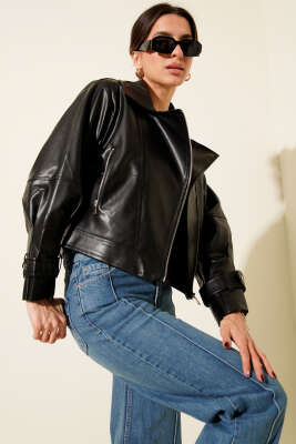 Balon Kol Çapraz Fermuar Kısa Deri Ceket Siyah - Kadın Giyim Modelleri