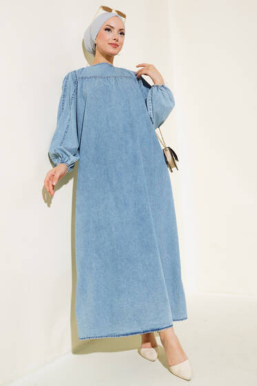 Balon Kol Çımalı Kot Elbise Kot Mavisi - Elbise