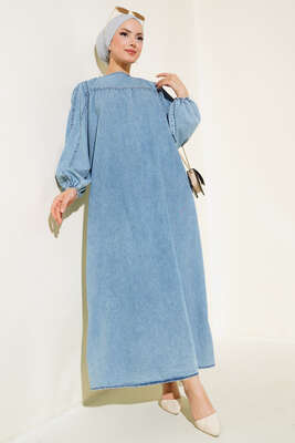 Balon Kol Çımalı Kot Elbise Kot Mavisi - Tesettür Elbise