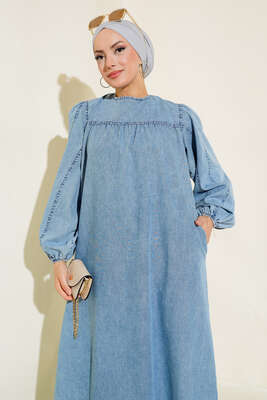 Balon Kol Çımalı Kot Elbise Kot Mavisi - Tesettür Elbise
