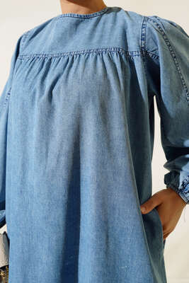 Balon Kol Çımalı Kot Elbise Kot Mavisi - Tesettür Elbise