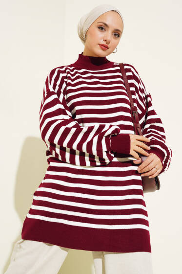 Balon Kol Çizgili Triko Tunik Bordo - Spor Tunik