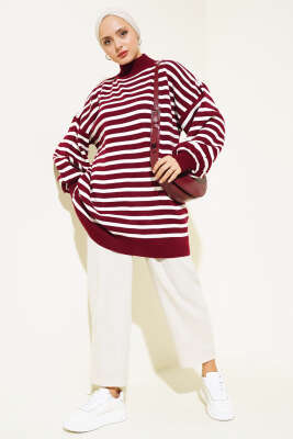 Balon Kol Çizgili Triko Tunik Bordo - Triko Tunik