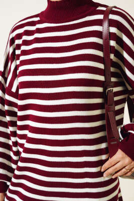 Balon Kol Çizgili Triko Tunik Bordo - Triko Tunik