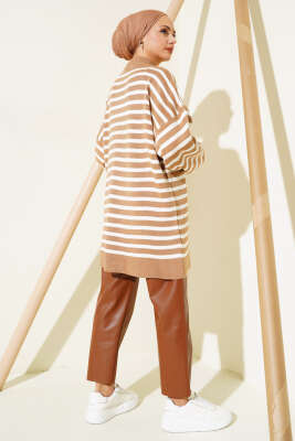 Balon Kol Çizgili Triko Tunik Büsküvi - Triko Tunik