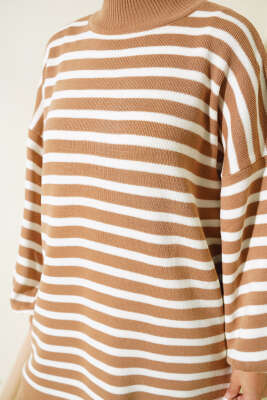 Balon Kol Çizgili Triko Tunik Büsküvi - Triko Tunik