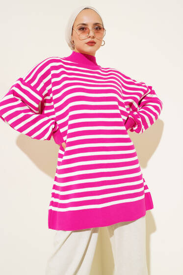 Balon Kol Çizgili Triko Tunik Fuşya - Spor Tunik