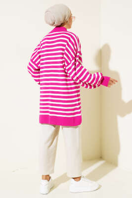 Balon Kol Çizgili Triko Tunik Fuşya - Triko Tunik