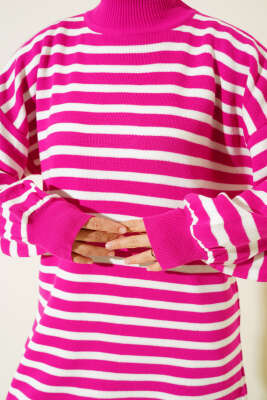 Balon Kol Çizgili Triko Tunik Fuşya - Triko Tunik