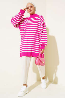 Balon Kol Çizgili Triko Tunik Fuşya - Triko Tunik