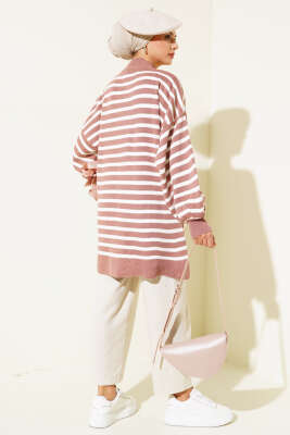 Balon Kol Çizgili Triko Tunik Gül Kurusu - Triko Tunik