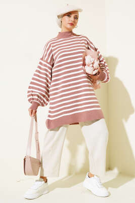 Balon Kol Çizgili Triko Tunik Gül Kurusu - Triko Tunik