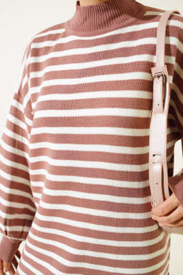 Balon Kol Çizgili Triko Tunik Gül Kurusu - Triko Tunik