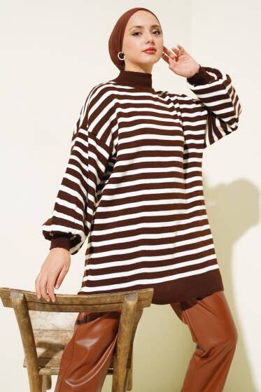 Balon Kol Çizgili Triko Tunik Kahve - Spor Tunik