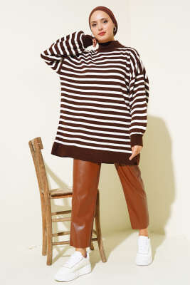 Balon Kol Çizgili Triko Tunik Kahve - Triko Tunik